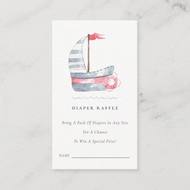 Cute Red Blue Sailboat Diaper Raffle Baby Shower Enclosure Card (Front)