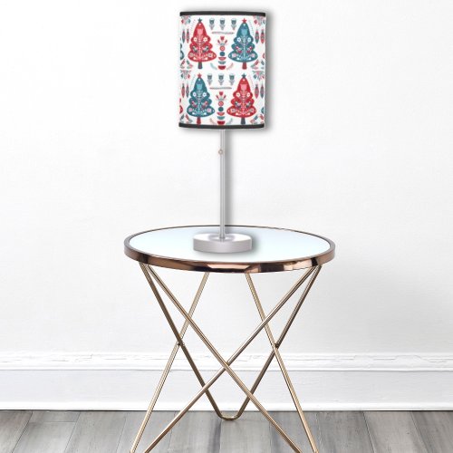 Cute Red Blue Scandinavian Christmas Tree Folk Art Table Lamp