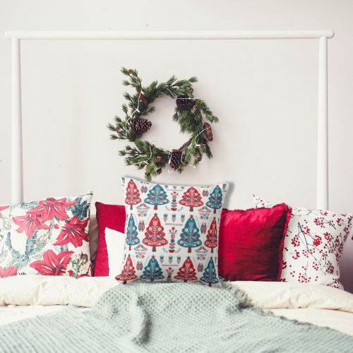Cute Red Blue Scandinavian Christmas Tree Folk Art Throw Pillow