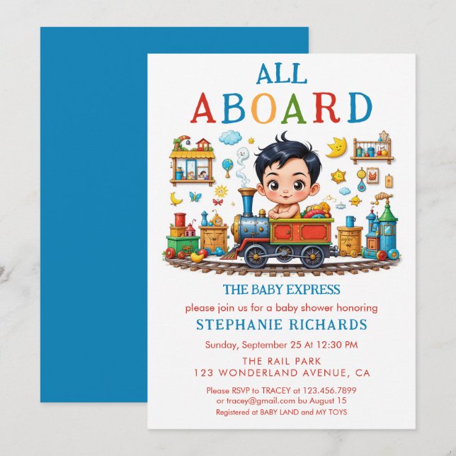 Cute Red Blue Train Baby Shower Boy Invitation (Front/Back)