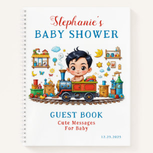Cute Red Blue Train Boy Baby Shower Guest Book