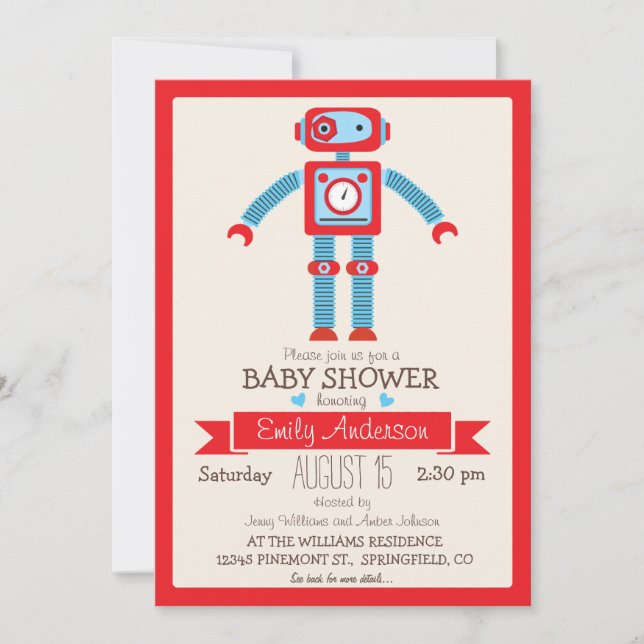 Cute Red & Blue Vintage Robot Baby Shower Invitation (Front)