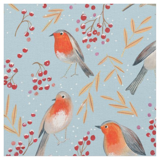 Cute Red blue winter Christmas birds robin Pattern Fabric