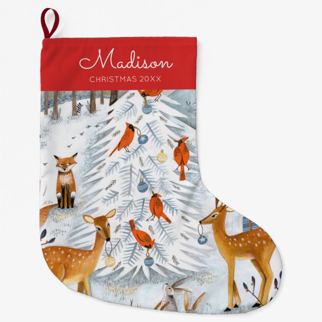 Cute Red & Blue Woodland animals pattern Large Christmas Stocking (Front)