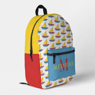 Cute Red Blue Yellow Toy Sailboat Monogram Printed Backpack