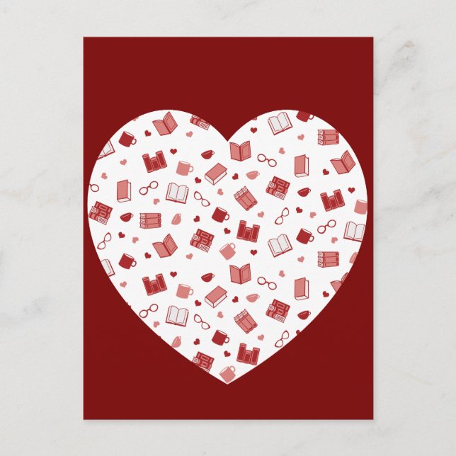 Cute Red Book and Reading Pattern on heart Postcard (Front)