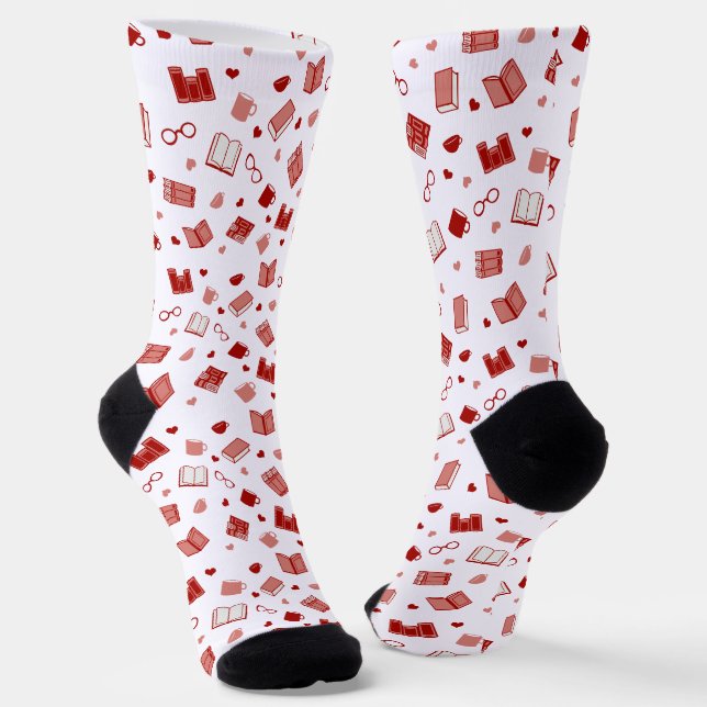 Cute Red Book and Reading Pattern Socks (Angled)