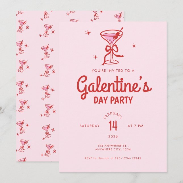 Cute Red Bow Cocktail Galentine's Day Party Invitation (Front/Back)