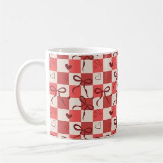Cute Red Bow & Heart Checkerboard Pattern Coffee Mug