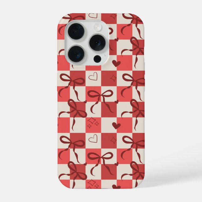 Cute Red Bow & Heart Checkerboard Pattern  iPhone Case (Back)