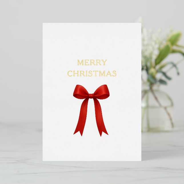  Cute Red Bow Merry Christmas Foil Holiday Card (Standing Front)
