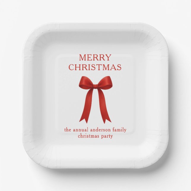 Cute Red Bow Merry Christmas Paper Plates (Front)