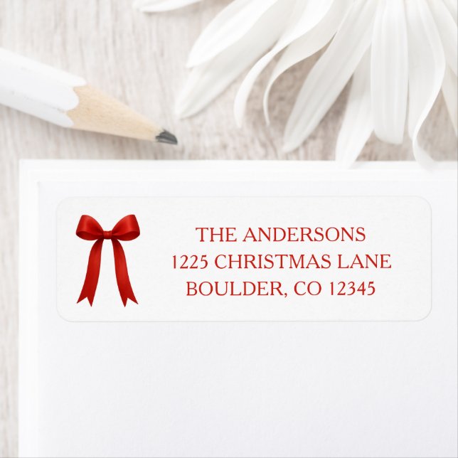  Cute Red Bow Merry Christmas Return Address Label (Insitu)