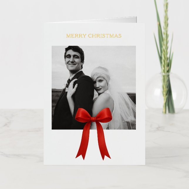  Cute Red Bow Photo Merry Christmas Foil Holiday Card (Front)