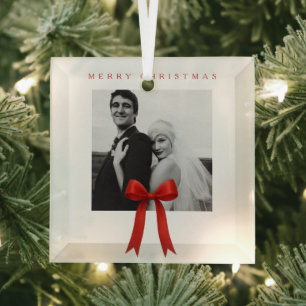 Cute Red Bow Photo Merry Christmas Glass Ornament