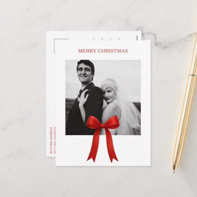 Cute Red Bow Photo Merry Christmas Holiday Postcard (Front/Back In Situ)
