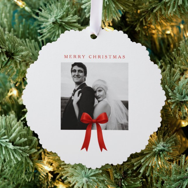  Cute Red Bow Photo Merry Christmas Ornament Card (Insitu (Tree))