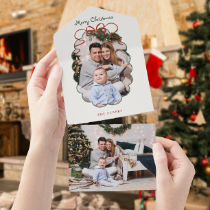 Cute Red Bow Scalloped Border Photo All In One Invitation