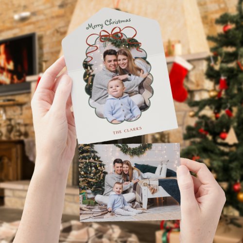 Cute Red Bow Scalloped Border Photo All In One Invitation