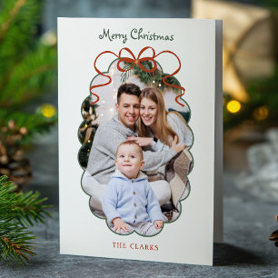 Cute Red Bow Scalloped Border Photo Holiday Card