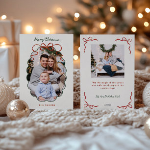 Cute Red Bow Scalloped Border Photo Holiday Card
