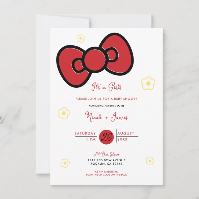 Cute Red Bow Whimsical Baby Shower Invitation (Front)