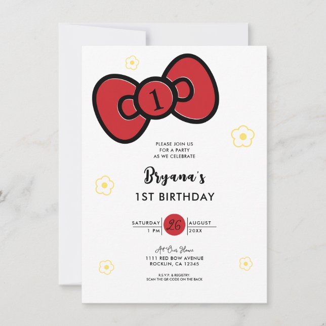 Cute Red Bow Whimsical Birthday Party Invitation (Front)
