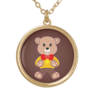 Cute Red Bowtie Beige Teddy Bear Brown Gold Plated Necklace