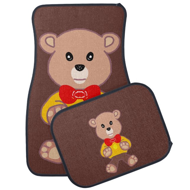 Cute Red Bowtie Beige Teddy Bear Brown Set of  Car Floor Mat (Set)