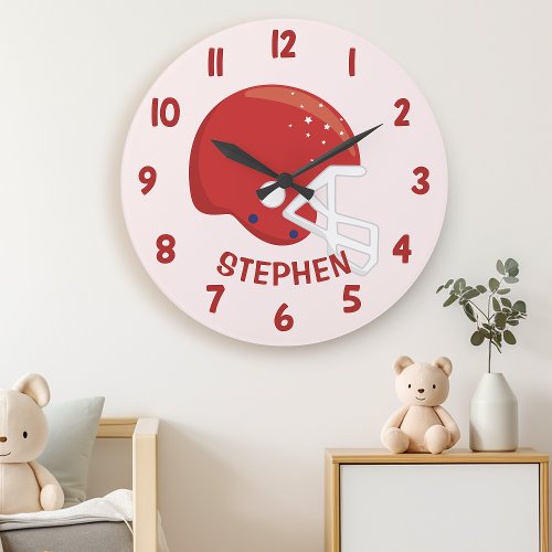 Cute Red Boys Football Helmet Bedroom Wall Large Clock