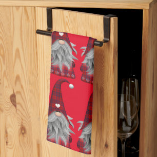 Cute Red Buffalo Plaid Christmas Gnome Kitchen Towel