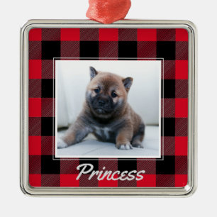 Cute Red Buffalo Plaid Personalized Dog Pet Metal Ornament