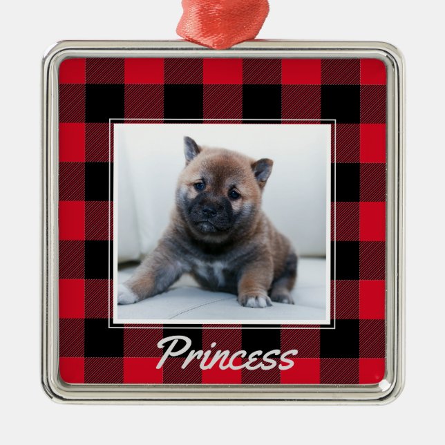 Cute Red Buffalo Plaid Personalized Dog Pet Metal Ornament (Front)