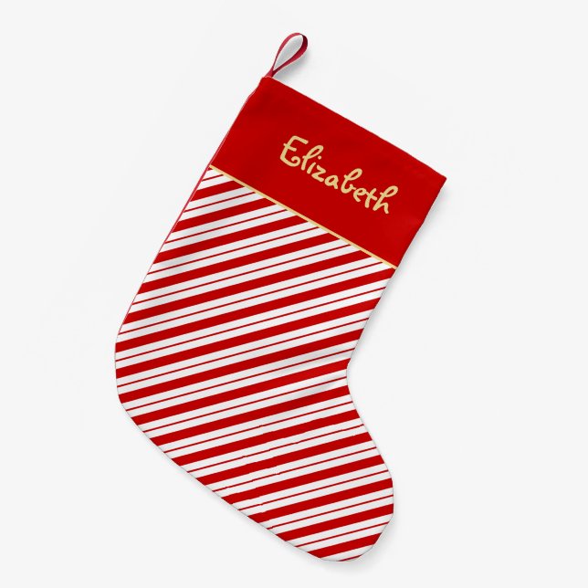 Cute Red Candy Cane Stripes Pattern Personalized Small Christmas Stocking (Front (Hanging))