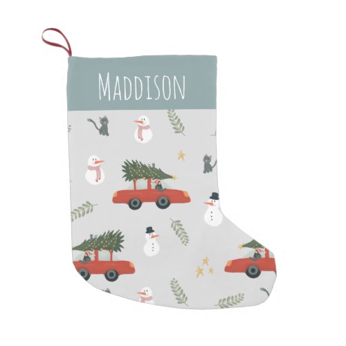 Cute Red Car and Snowman Winter Holiday Tree Kids Small Christmas Stocking