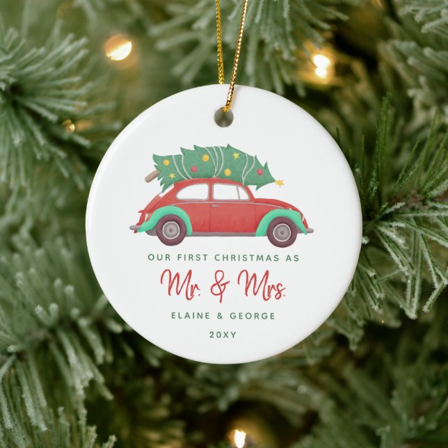 Cute Red Car Christmas Tree First Christmas Ceramic Ornament (Tree)