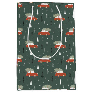 Cute Red Car Christmas Tree Winter Pattern Medium Gift Bag