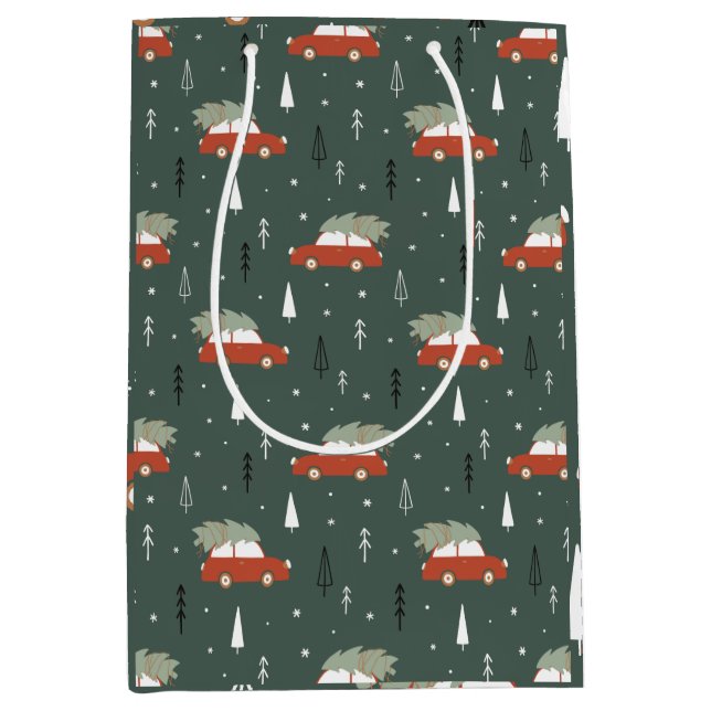 Cute Red Car Christmas Tree Winter Pattern Medium Gift Bag (Front)
