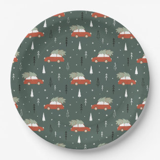 Cute Red Car Christmas Tree Winter Pattern Paper Plates