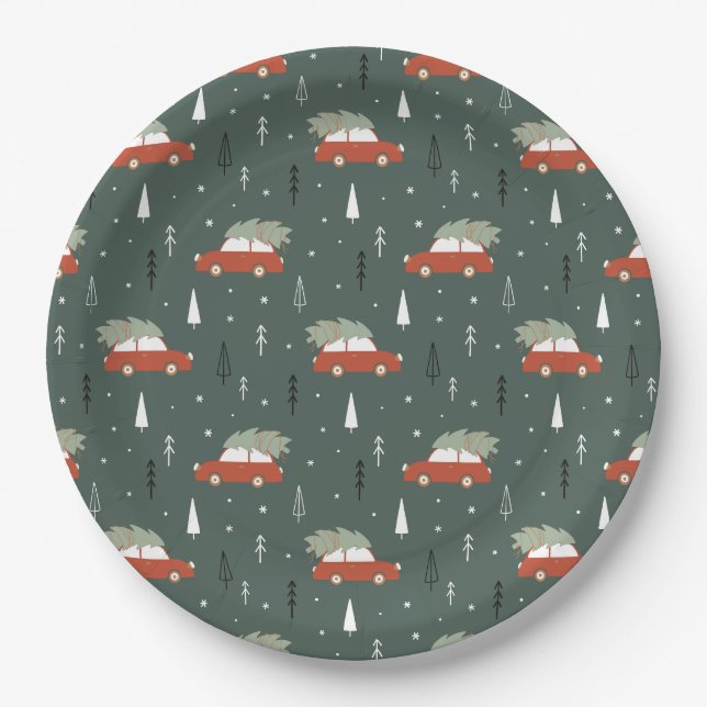 Cute Red Car Christmas Tree Winter Pattern Paper Plates (Front)