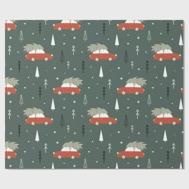 Cute Red Car Christmas Tree Winter Pattern Wrapping Paper (Flat)