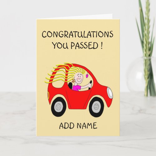 Cute red car passed driving test card