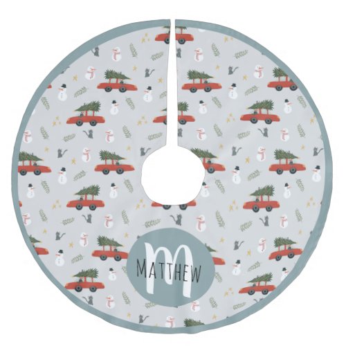 Cute Red Car Scandi Winter Pattern Christmas Brushed Polyester Tree Skirt