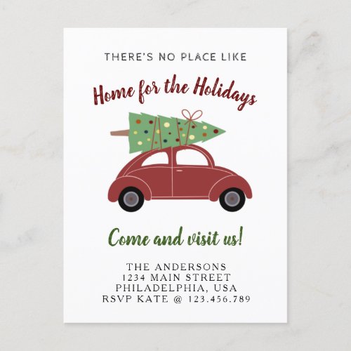 Cute Red Car with Christmas Tree Holiday Moving Announcement Postcard
