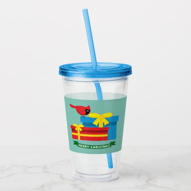 Cute Red Cardinal Opening A Blue Gift Acrylic Tumbler (Left)