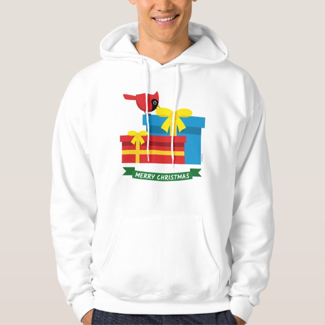 Cute Red Cardinal Opening A Blue Gift Hoodie (Front)