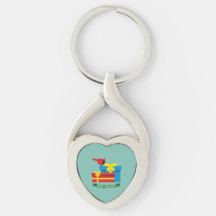 Cute Red Cardinal Opening A Blue Gift Keychain