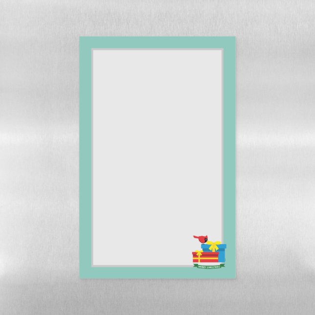 Cute Red Cardinal Opening A Blue Gift Magnetic Dry Erase Sheet (Vertical)