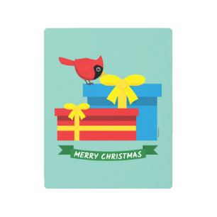 Cute Red Cardinal Opening A Blue Gift Metal Print