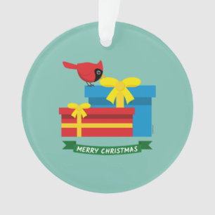 Cute Red Cardinal Opening A Blue Gift Ornament